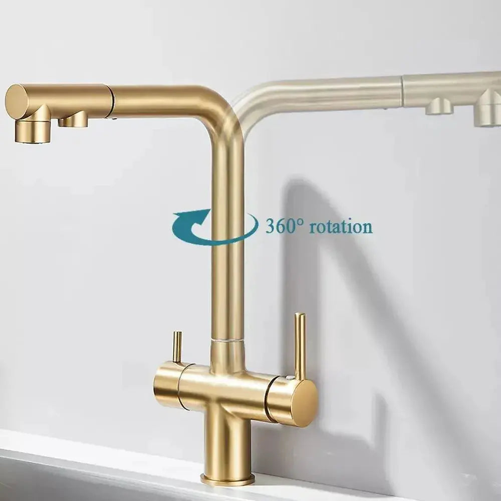 Kitchen pull-out brass faucet with 360° rotation and dual-lever handles