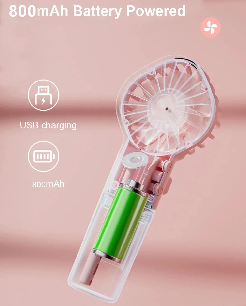 Portable pink handheld spray fan with 800mAh battery, USB charging, 4 speeds and water spray