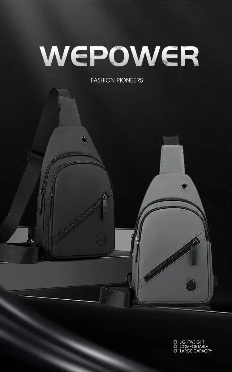 Two lightweight men's chest bags in black and gray nylon crossbody slings for outdoor use by Simples Market