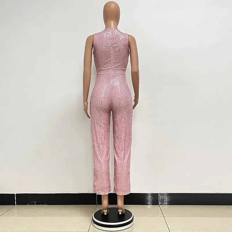 Sparkling sequins seamless sleeveless jumpsuit for women, pink high-waist fitted glamour from Simples Market