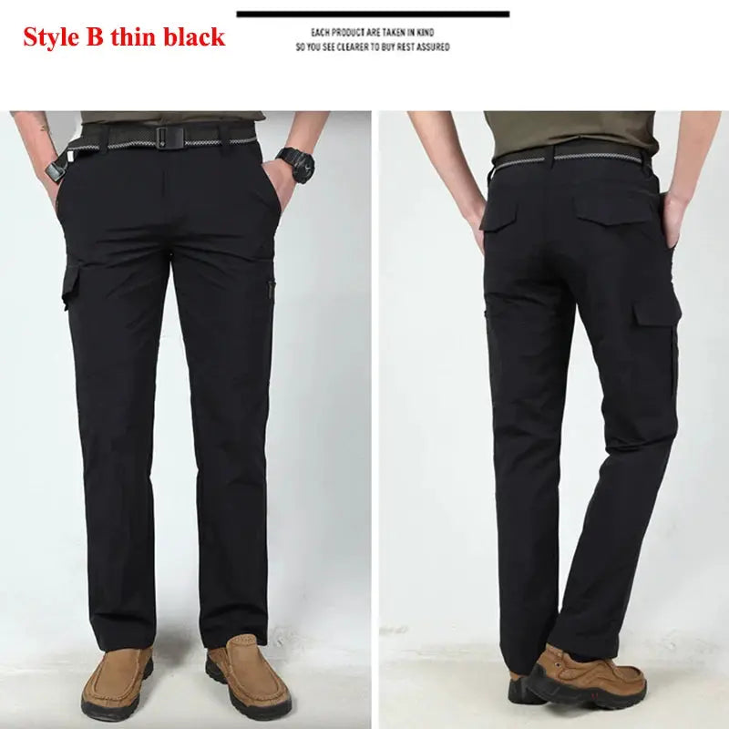 Mens Tactical Cargo Pants by Simples Market, black outdoor multi-pocket trousers shown in front and back views.