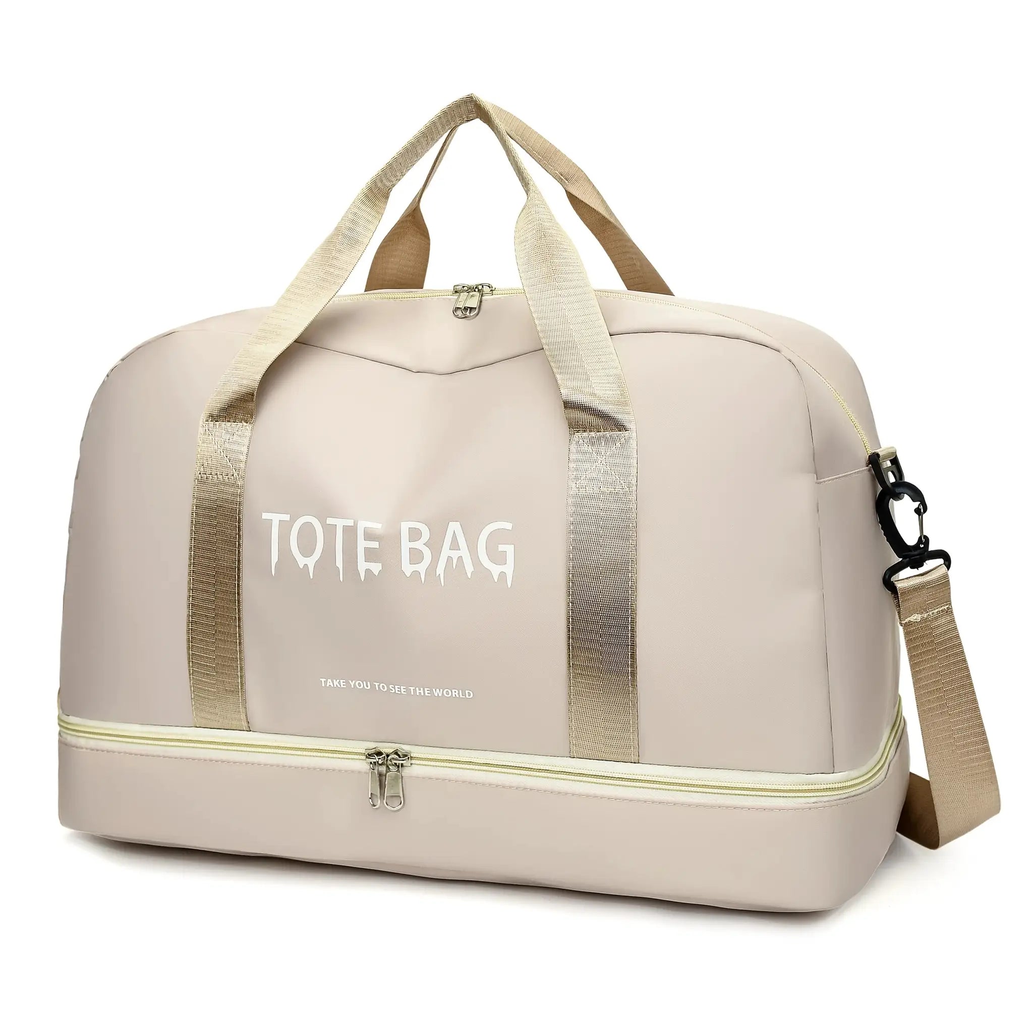 Beige large-capacity duffle bag with adjustable shoulder strap, nylon exterior and dual top zippers