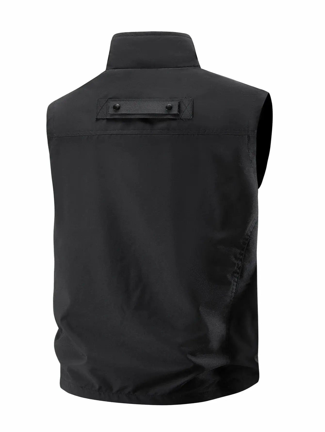 Men's black windproof work vest with heat-retaining fabric and back strap with two snaps.
