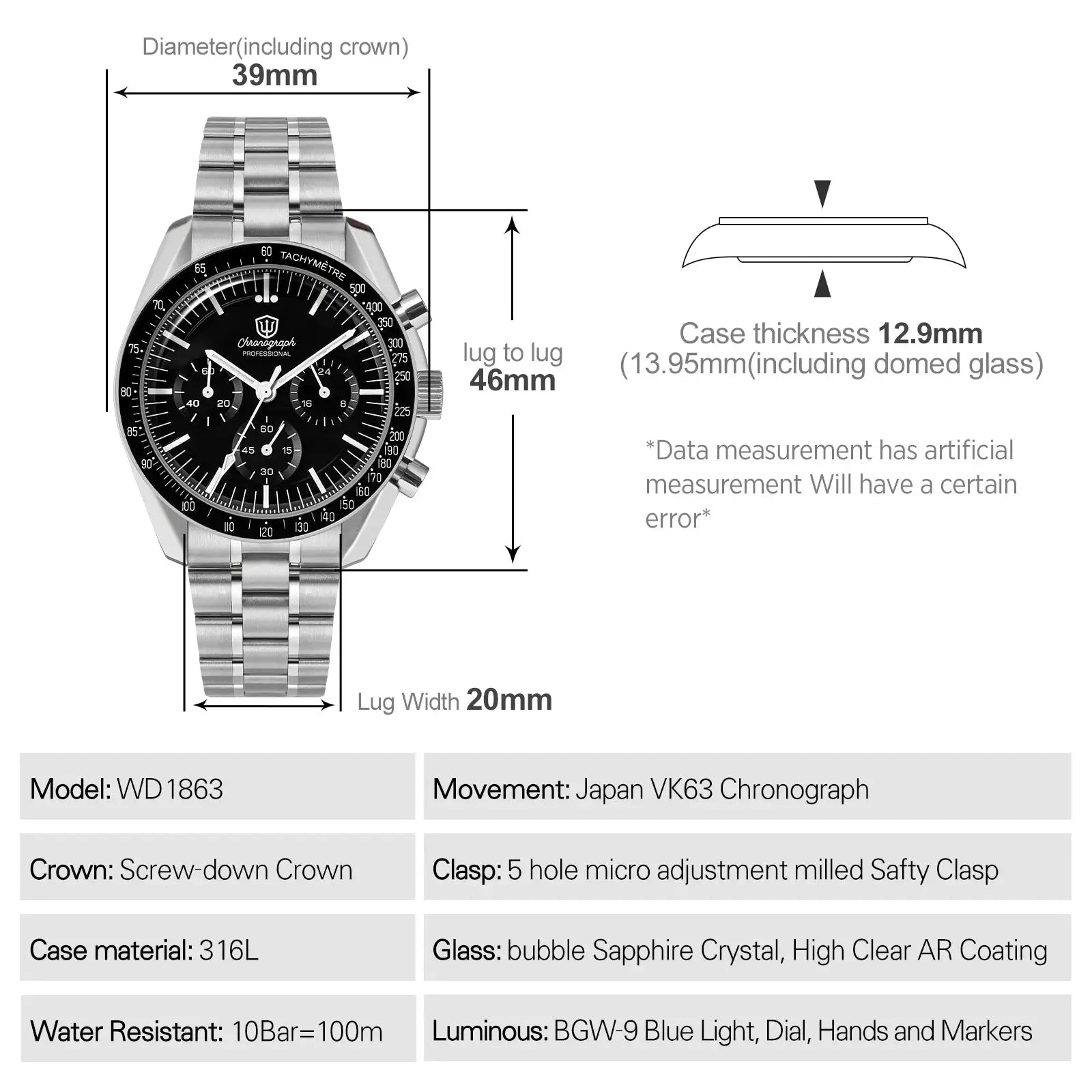 Watch WD1863 stainless steel chronograph with black dial and bubble sapphire crystal; 39mm case, 46mm lug-to-lug