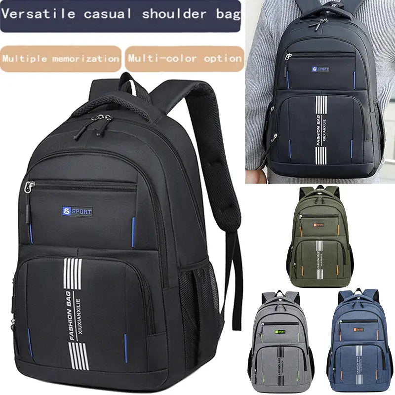 Backpack Fashion Minimalist Men’s Rucksack in black nylon with multiple pockets; 5 color options shown.