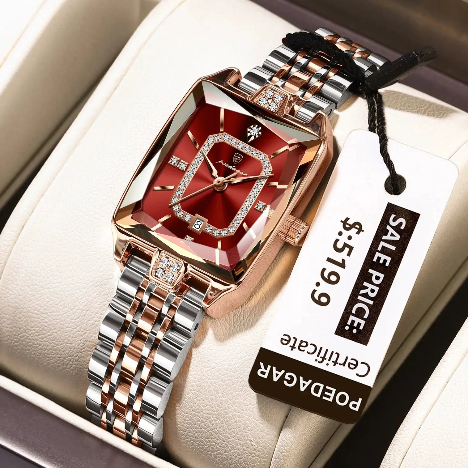 POEDAGAR luxury rectangular women's watch with red dial, crystal bezel, date window, and two-tone stainless steel bracelet.