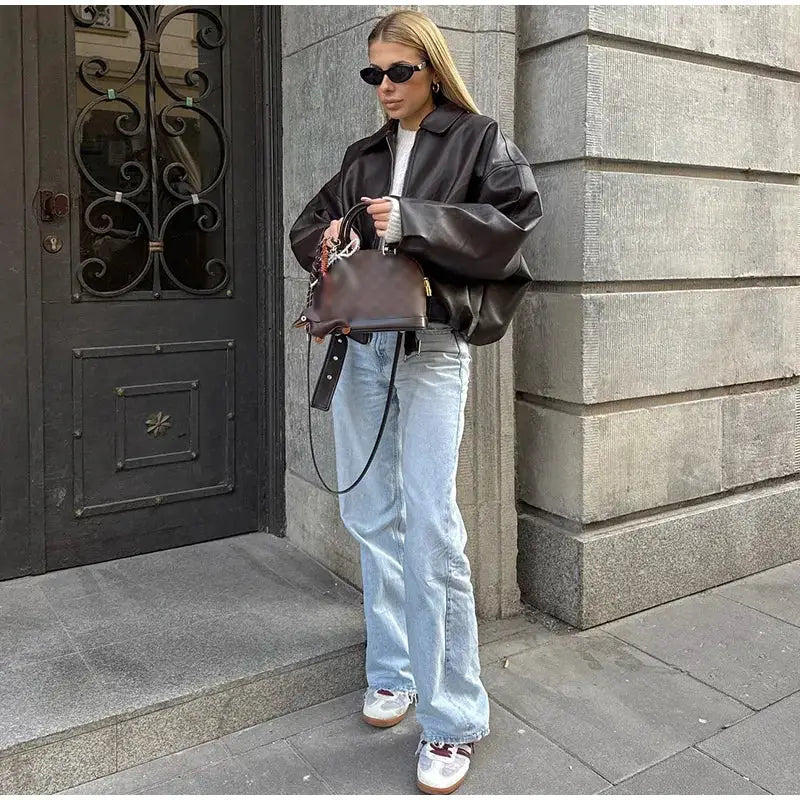 LuxeWear Vintage Womens PU Leather Bomber Jacket With Zipper Closure And Belted Lapel For Stylish Autumn Streetwear
