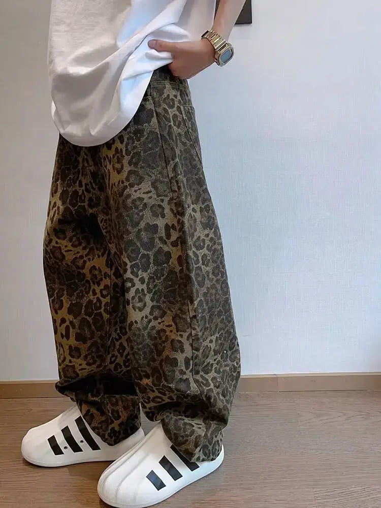 Leopard print oversized denim jeans for men, autumn tan, wide-leg streetwear pants