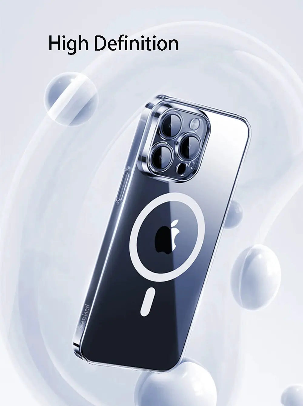 Clear MagSafe back cover for iPhone with circular magnetic charging emblem