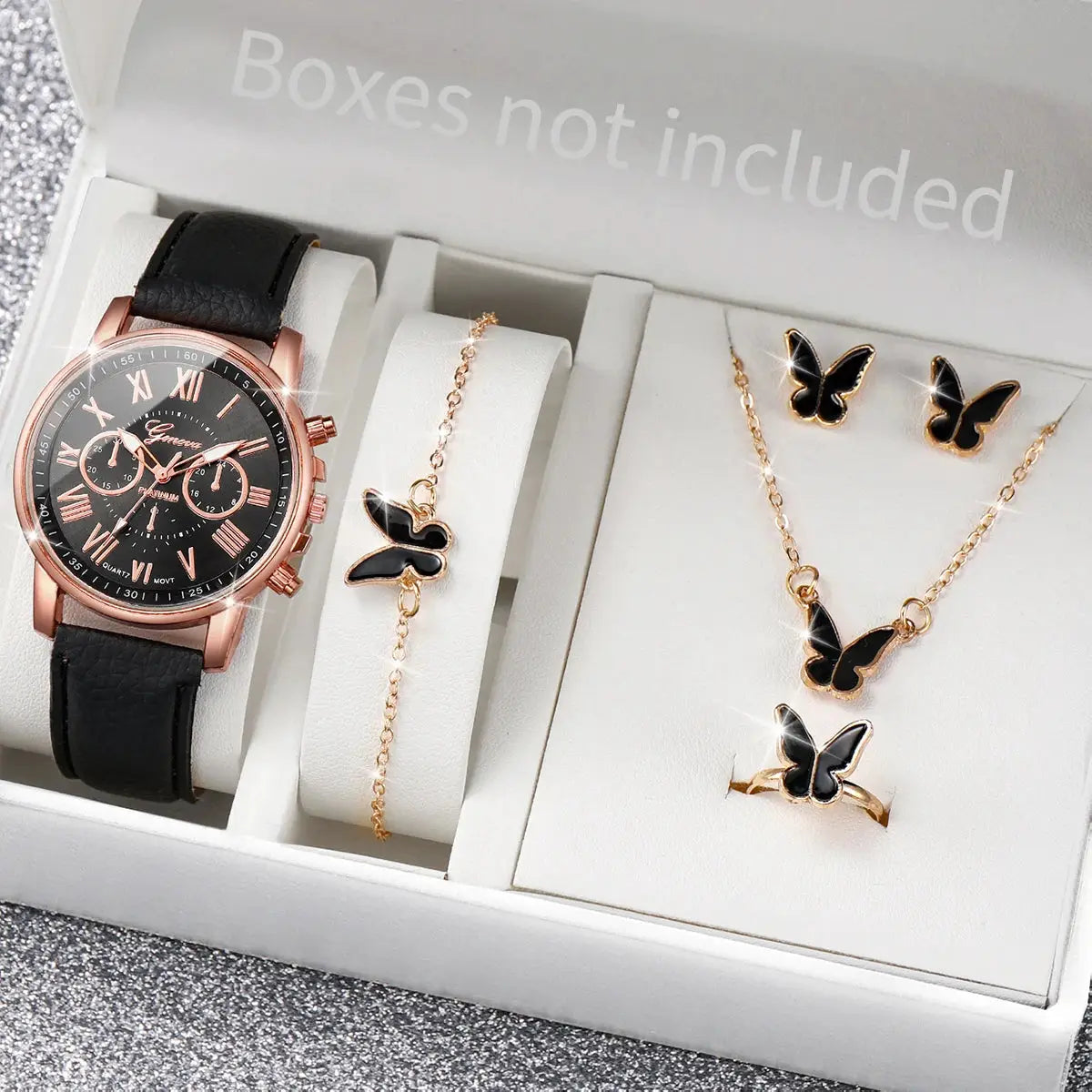 AuroraTime Womens Quartz Watch Leather Band Jewelry Set Heart Rhinestones Accent Analog Roman Numerals