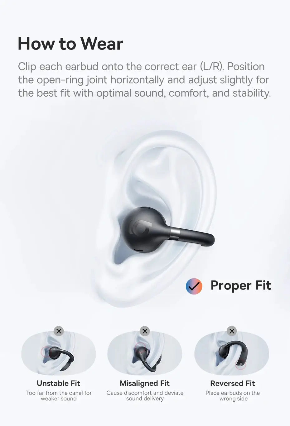 Baseus BC1 ear clip wireless earbuds with open-ear design in black; fit guidance visuals