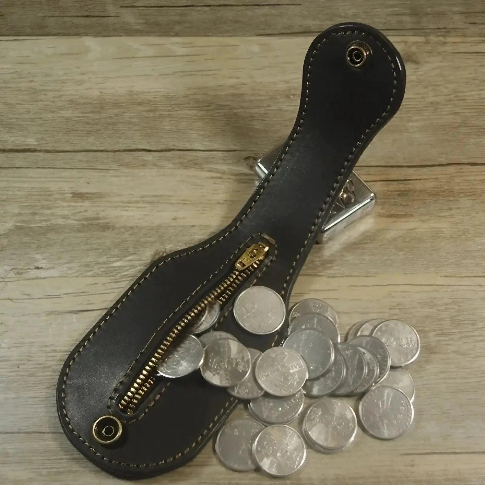KISMIS vintage black leather coin purse with gold zipper, coins spilling out