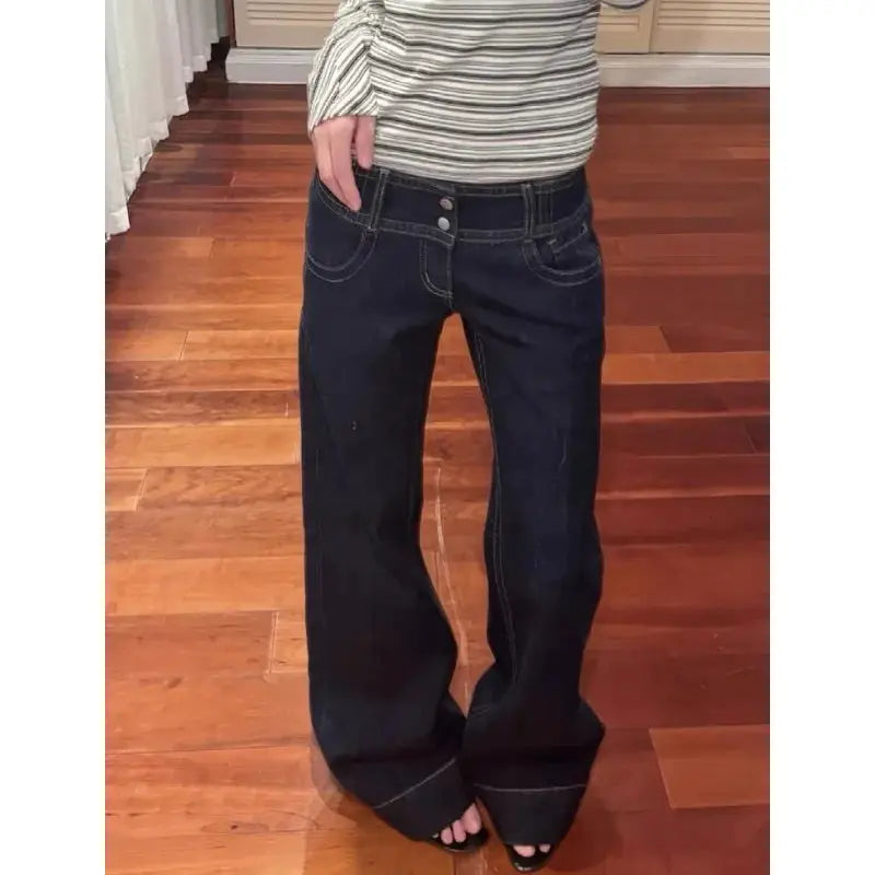 Women Denim Jeans Low Waist Straight Wide Leg Button Blue Y2K Style
