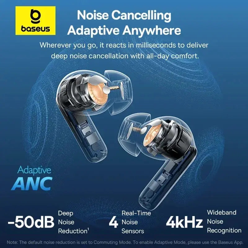Baseus EP10 Pro ANC earbuds, blue translucent shells, wireless Bluetooth 6.0, pair
