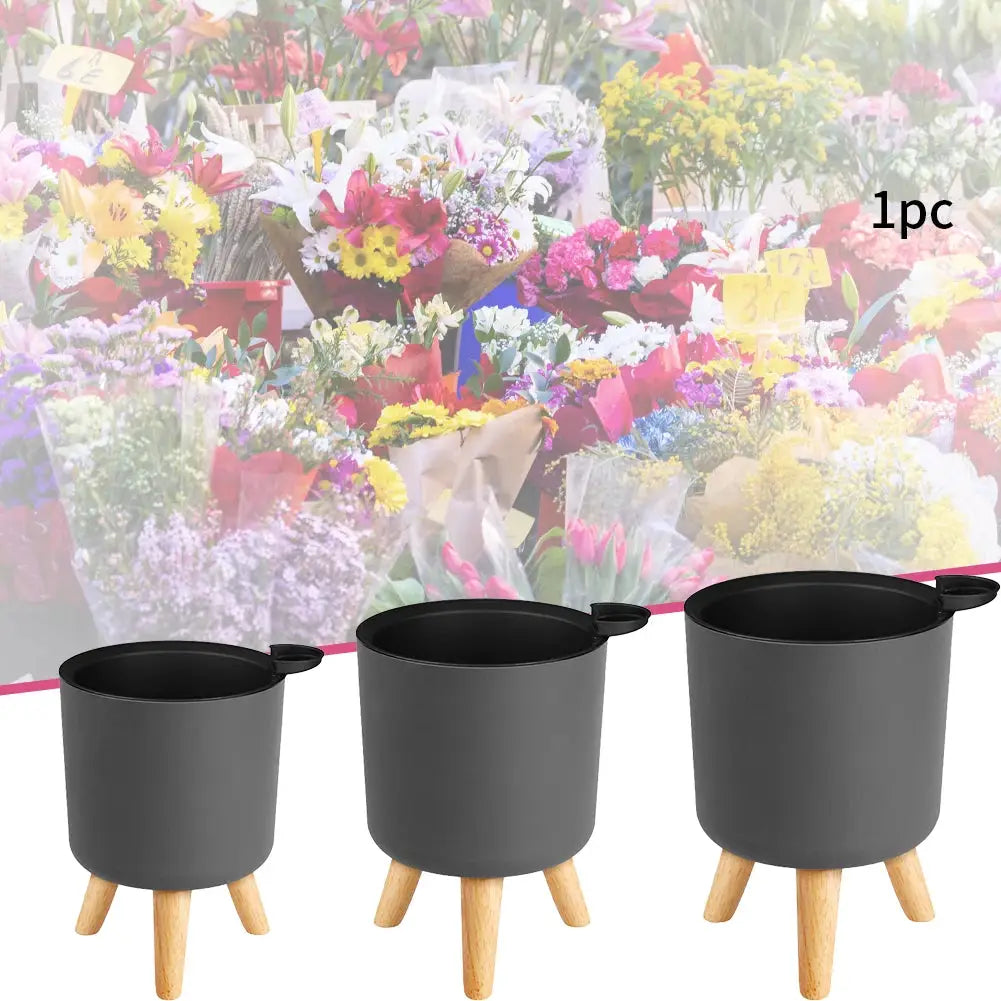 Floor-standing round planters with wooden legs, 3-pack, dark gray, self-watering bonsai pots