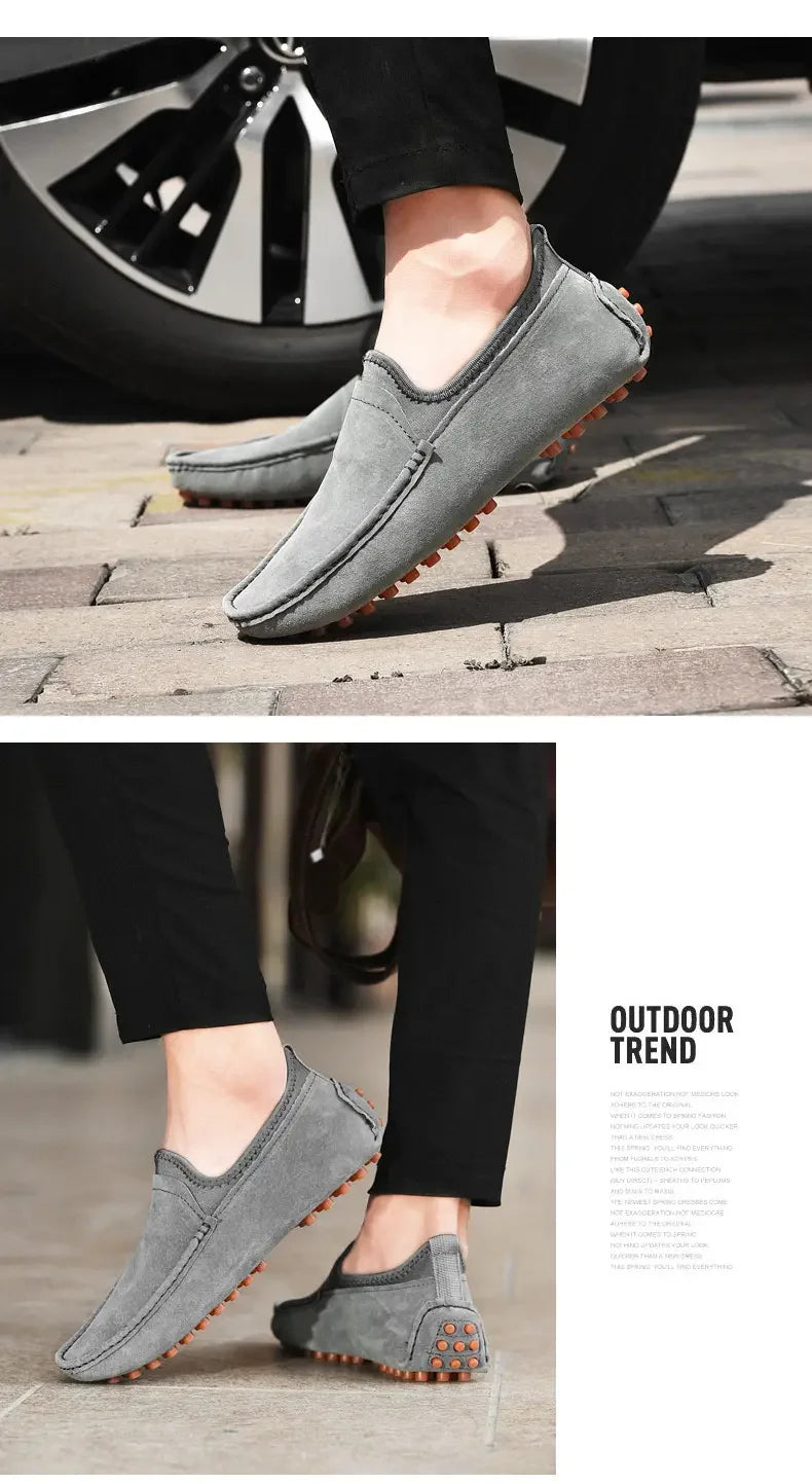Men's driving shoes in grey suede with orange studded sole for outdoor walking
