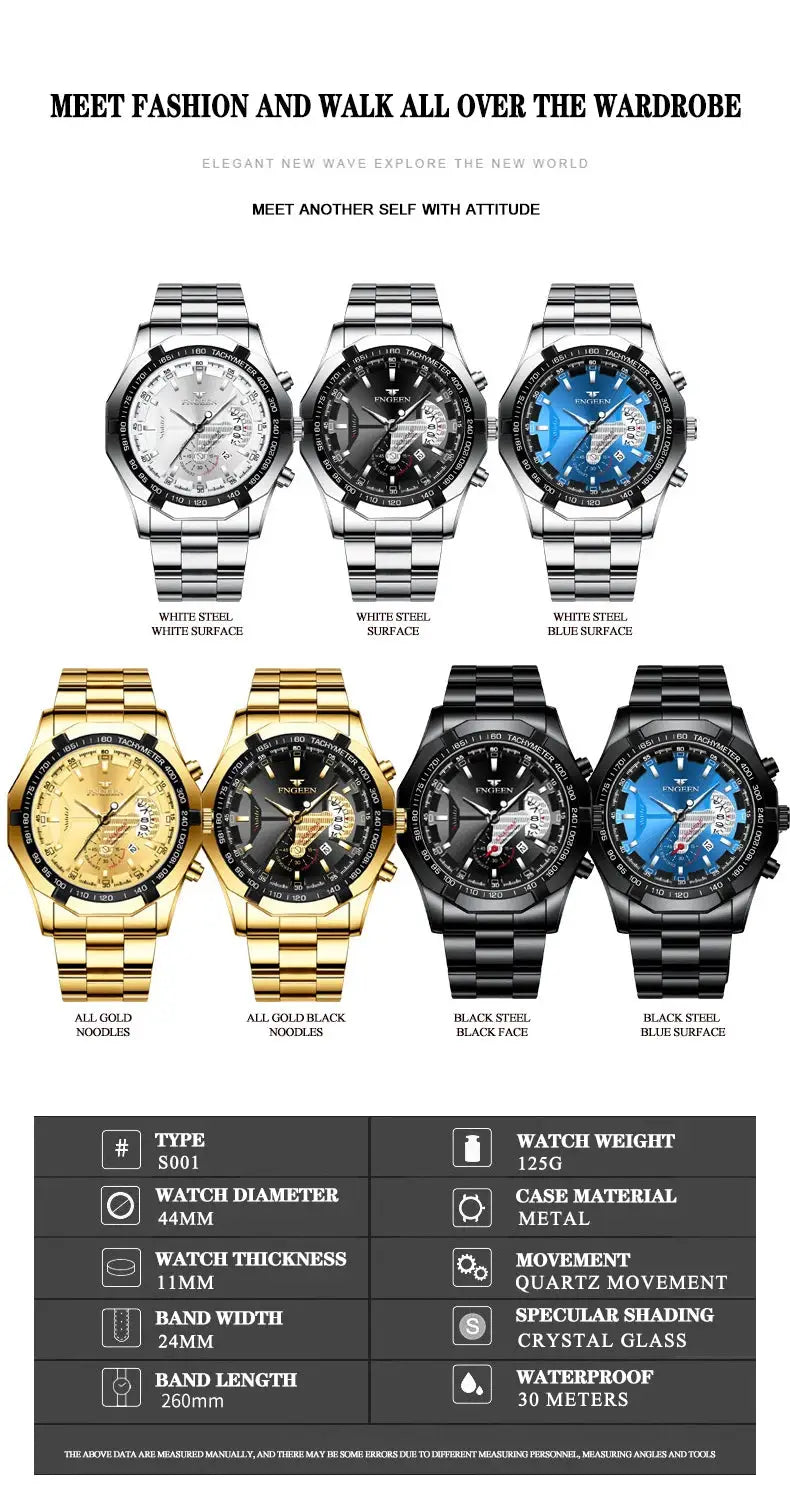 BINBOND stainless steel men's wristwatches; 7 variants in silver, gold, black, and blue with tachymeter bezels.