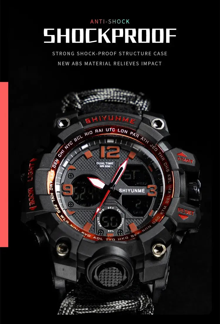 SHIYUNME men's military sport digital watch with compass, rugged black case and orange numerals