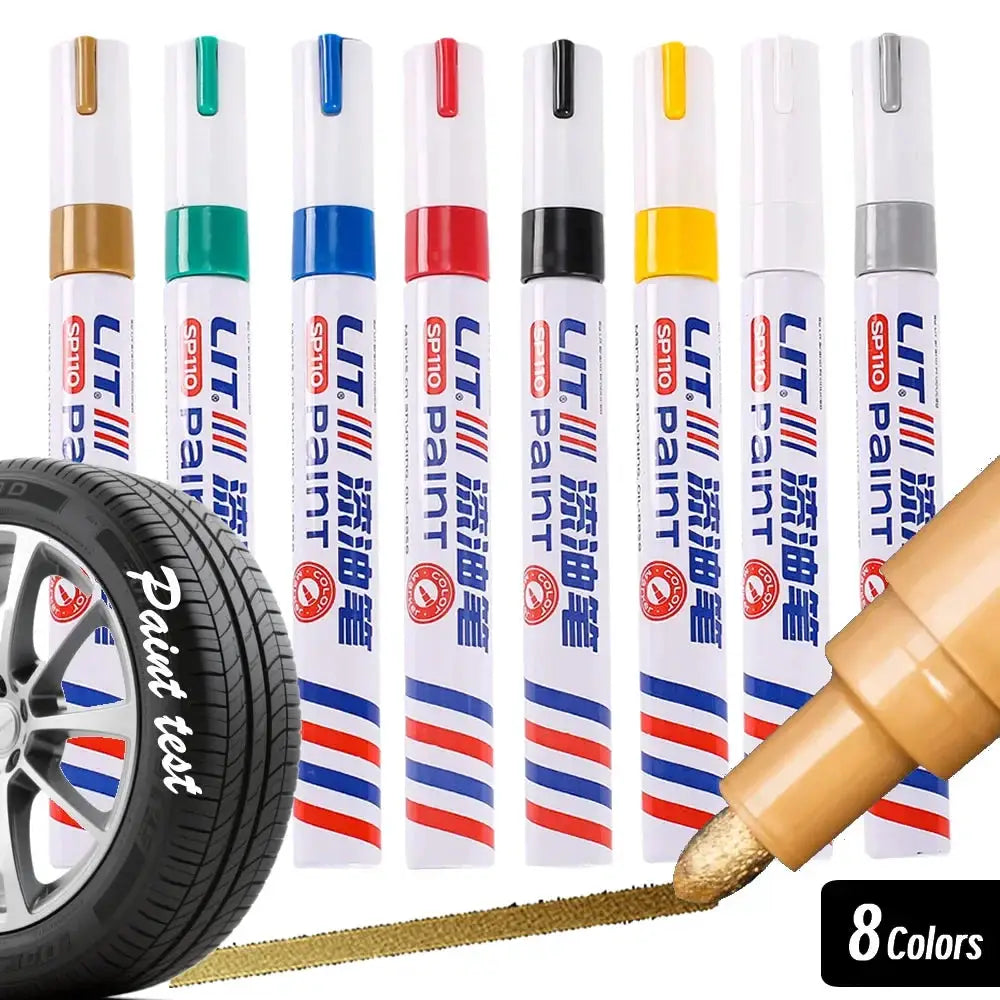 8-marker set of permanent paint markers with white bodies and colored caps; waterproof for tire, rubber, fabric and metal