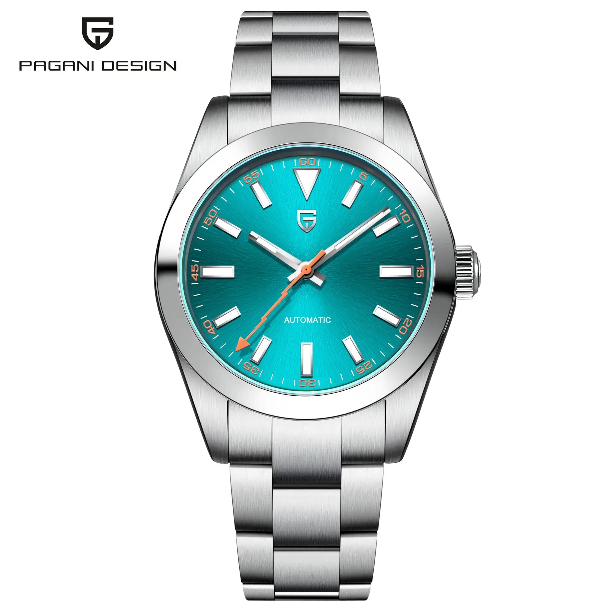 Pagani Design stainless steel wristwatch with turquoise dial, AR sapphire crystal, automatic movement