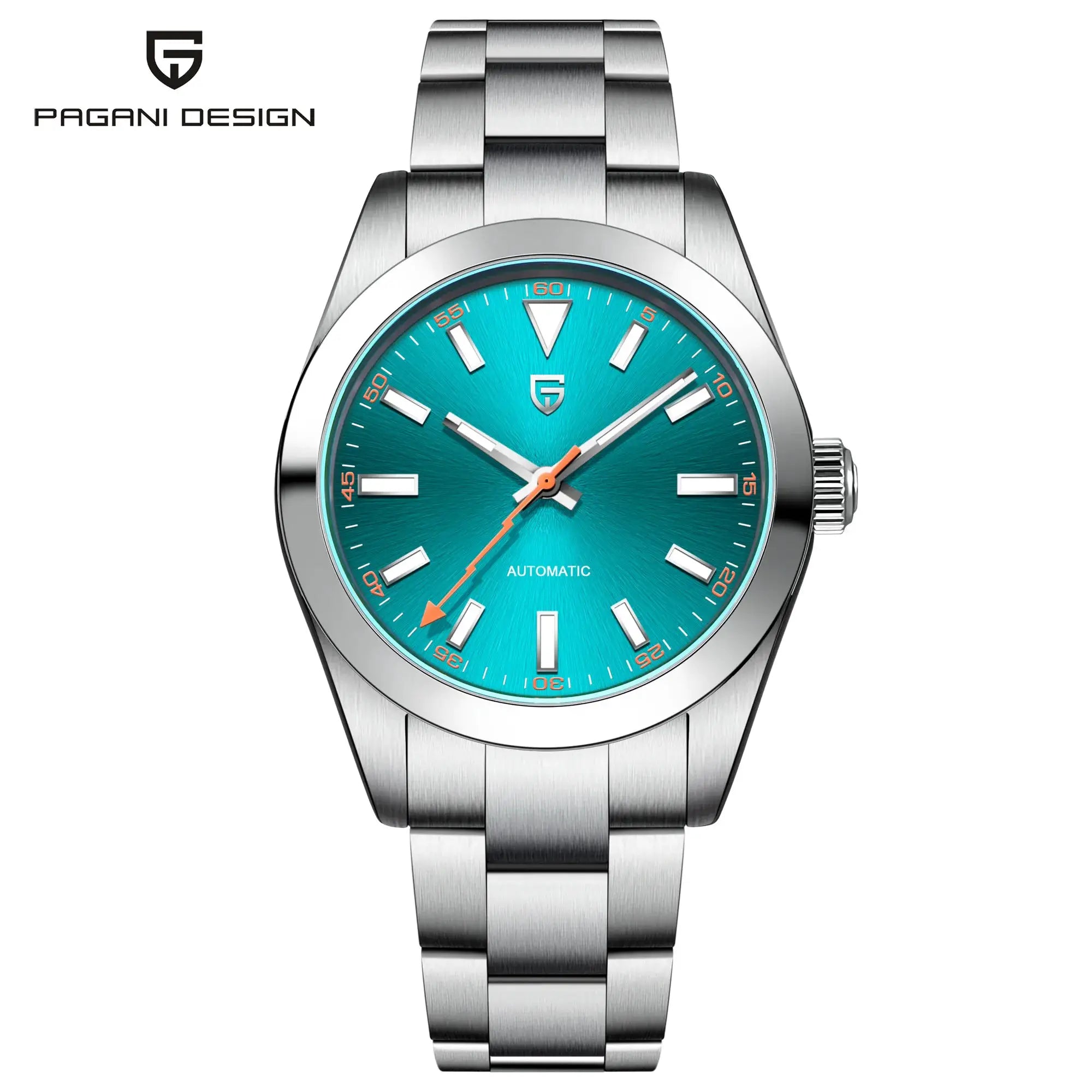 Pagani Design stainless steel wristwatch with turquoise dial, AR sapphire crystal, automatic movement