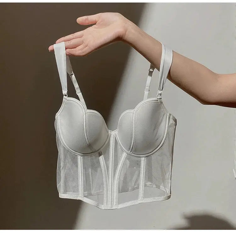 White longline push-up bra with sheer mesh back and structured cups