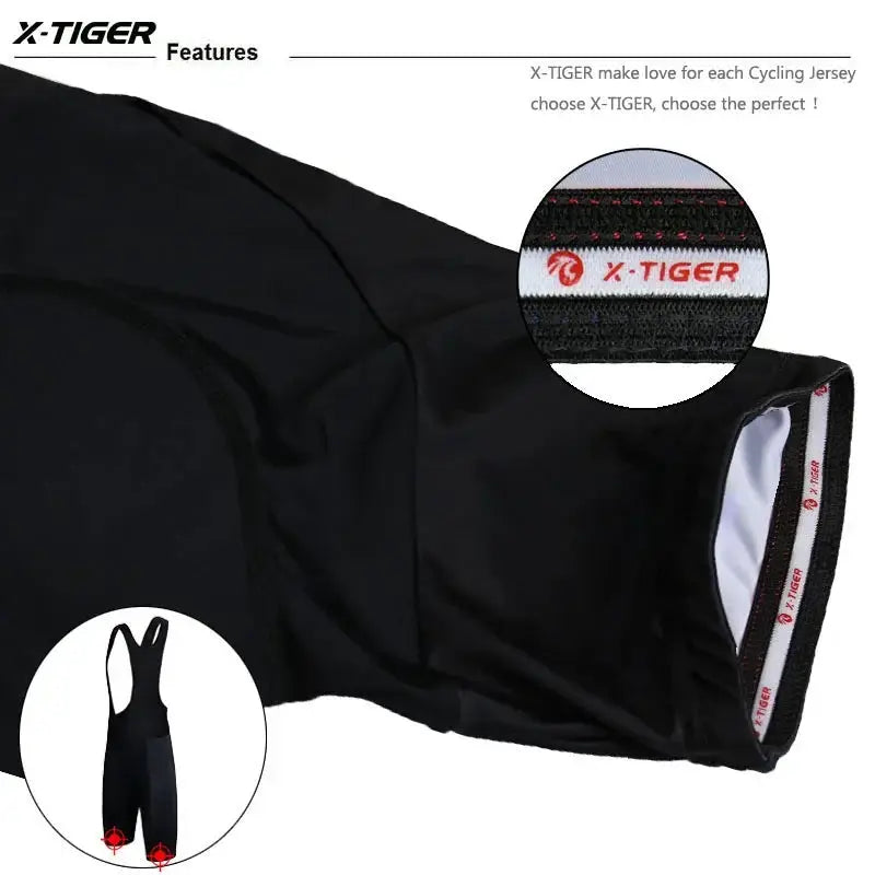 X-TIGER men's black Lycra cycling bib shorts with branded white waistband