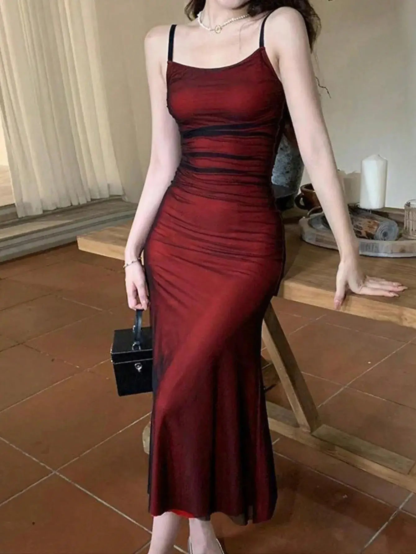 VivaSilk Red Camisole Off Shoulder Maxi Dress With Pleated Skirt Slim Fit For Summer Beach Parties
