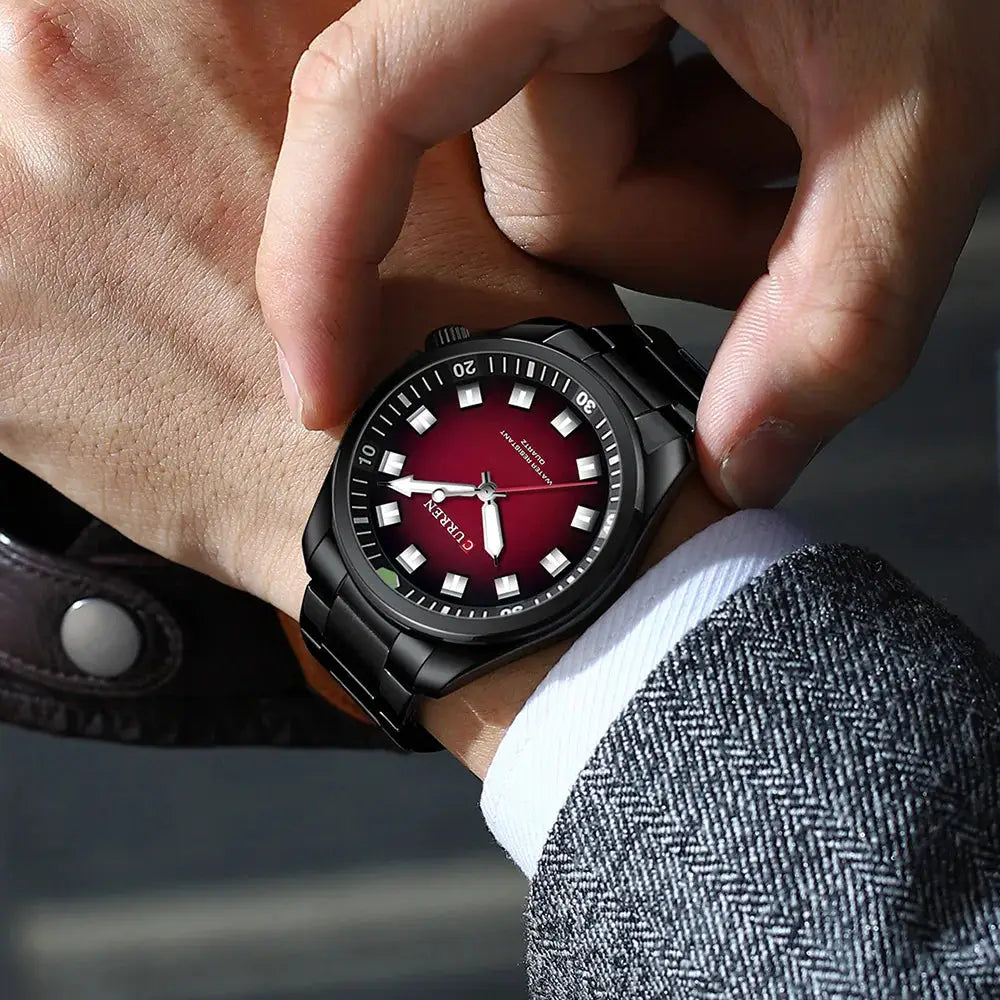 CURREN 8451 men's stainless steel watch with black bracelet and red dial