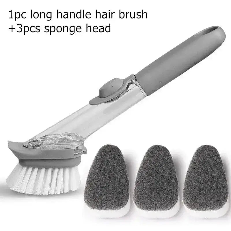 Refillable liquid cleaning brush with long gray handle and transparent soap reservoir, plus 3 gray sponge heads