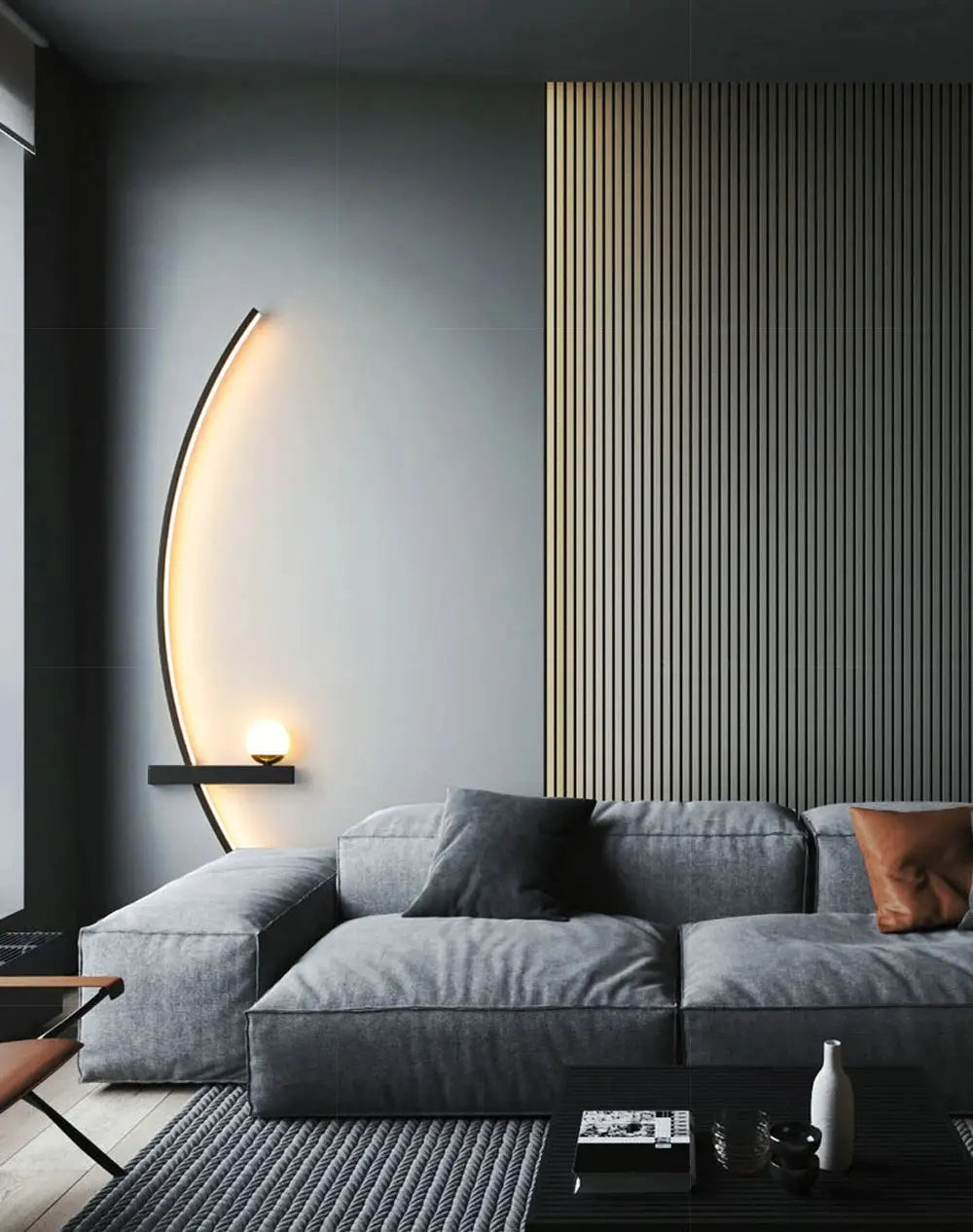 LED wall lamp curved black arch with warm glow, 55/105 cm size, modern decorative lighting fixture for living room