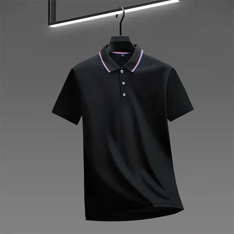 Men's black polo shirt with striped collar, short sleeves, 3-button placket.