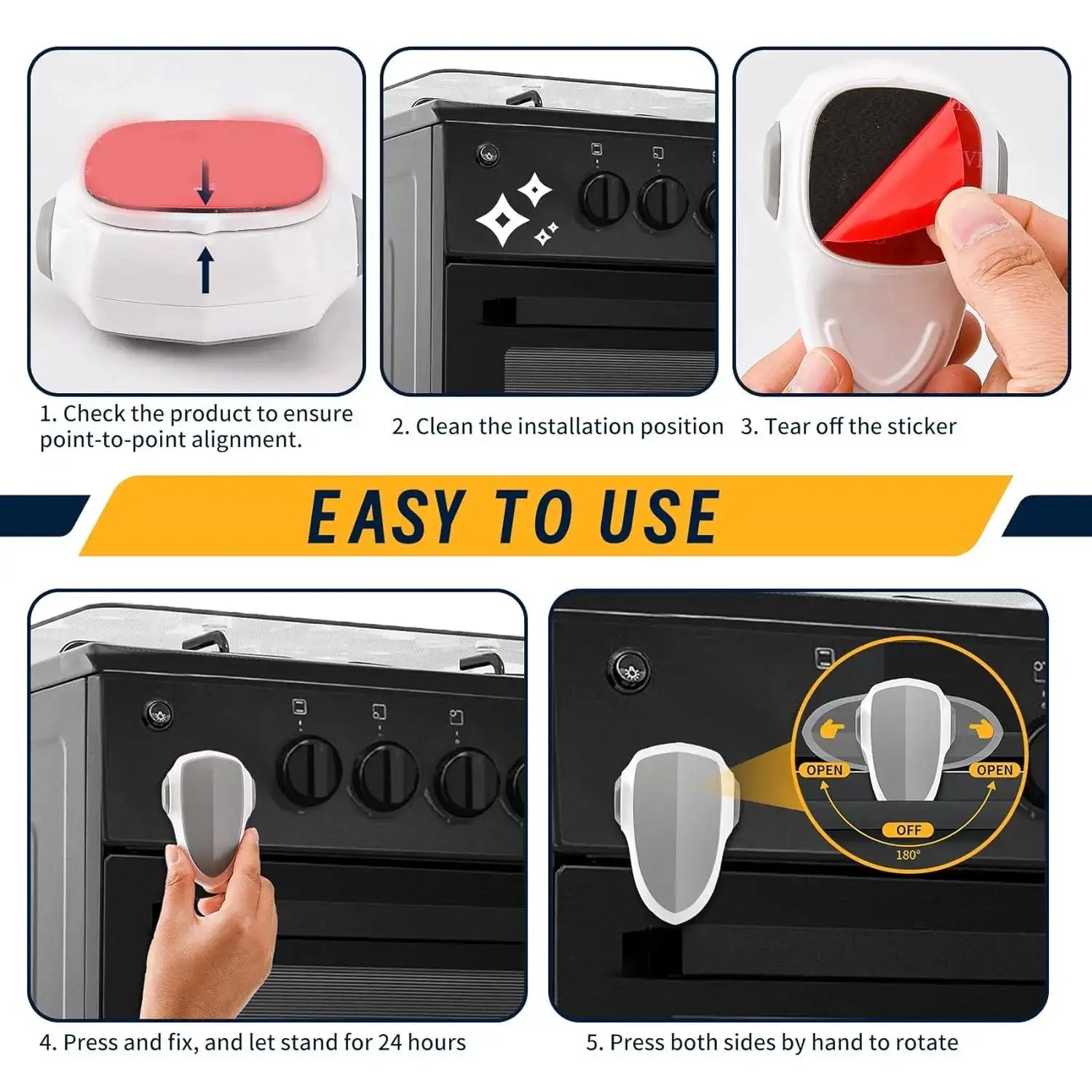 Baby oven door lock by Simples Market; white with red top, shown with installation steps for cabinet safety.