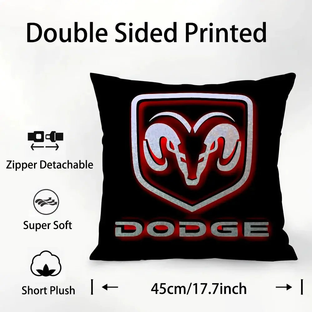 Dodge car logo pillow case, double-sided print, zipper detachable, black short plush fabric, 45cm