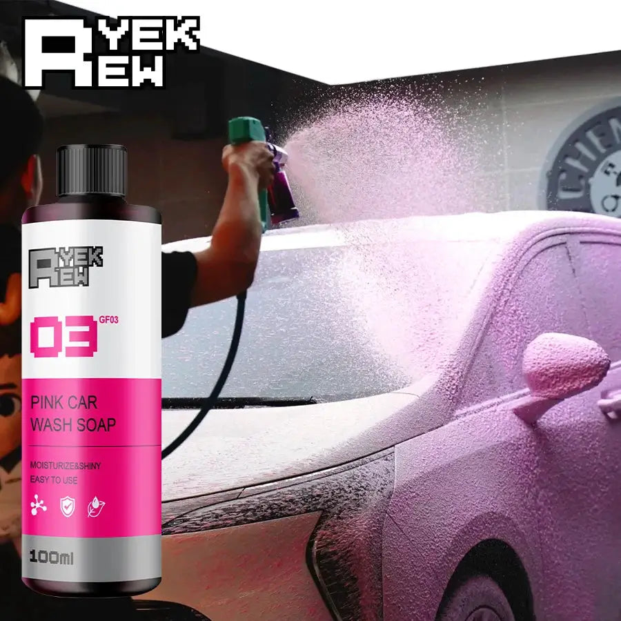 Pink Car Pre-wash Foam by Simples Market; pink car being foamed with a high-pressure cannon