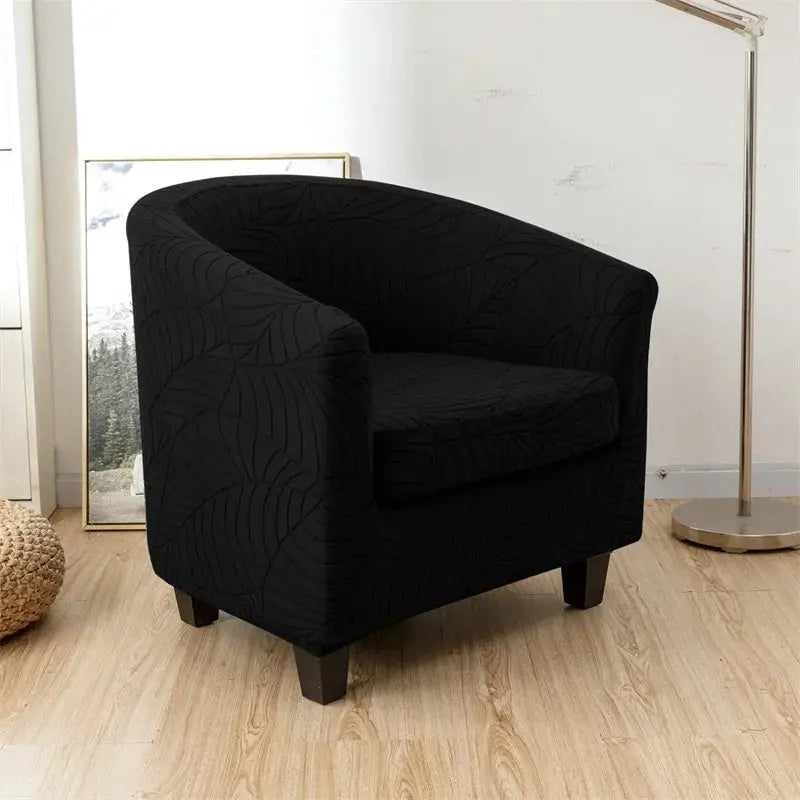 Leaves Jacquard tub chair slipcover in black with leaf pattern
