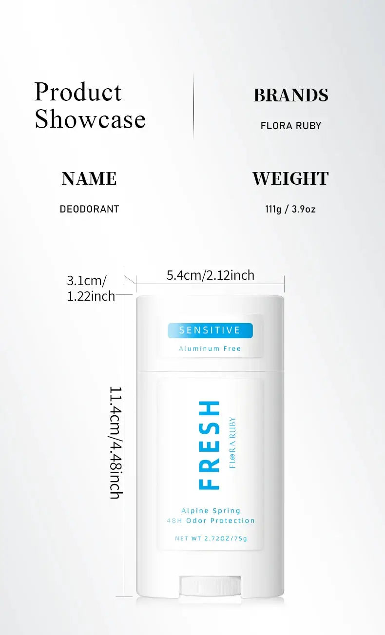 Flora Ruby Fresh deodorant stick, aluminum-free, 75g, white container with blue label