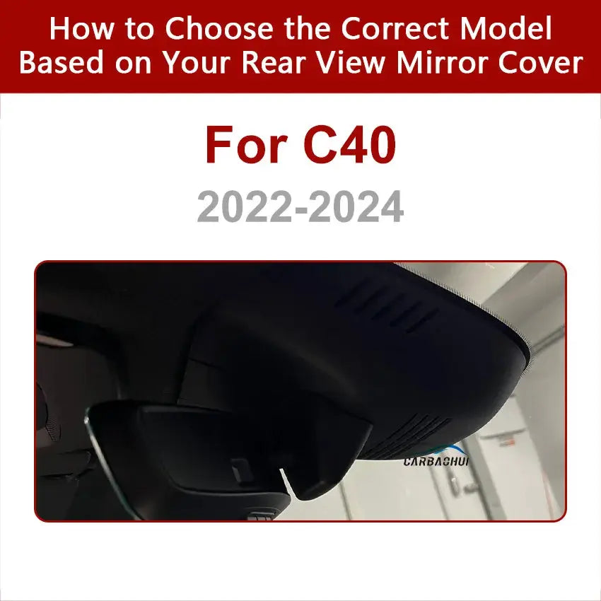 Dash cam for Volvo C40 (2022–2024), black 4K WiFi, mounted near the rearview mirror