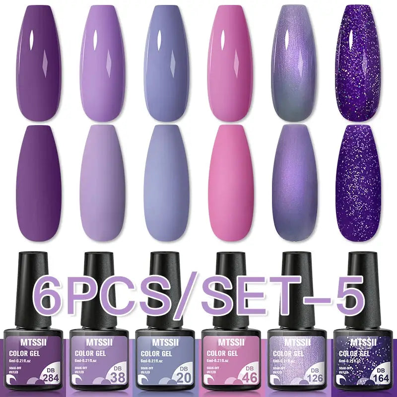 Gel nail polish set, 6-piece purple and lilac gel colors with glitter accents by Simples Market