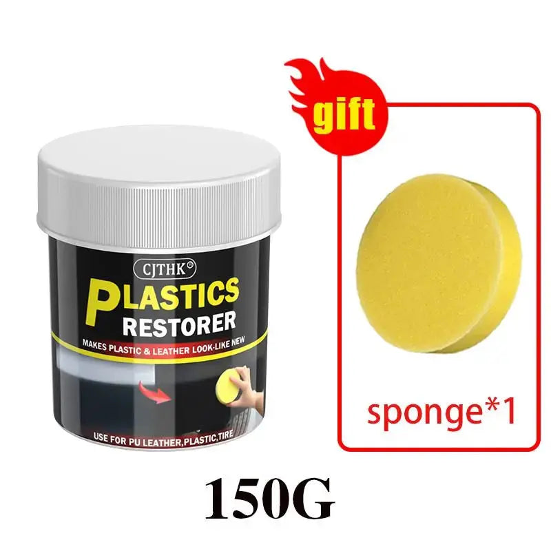 Car plastics restorer by Simples Market, black jar with white lid, 150G, includes yellow sponge