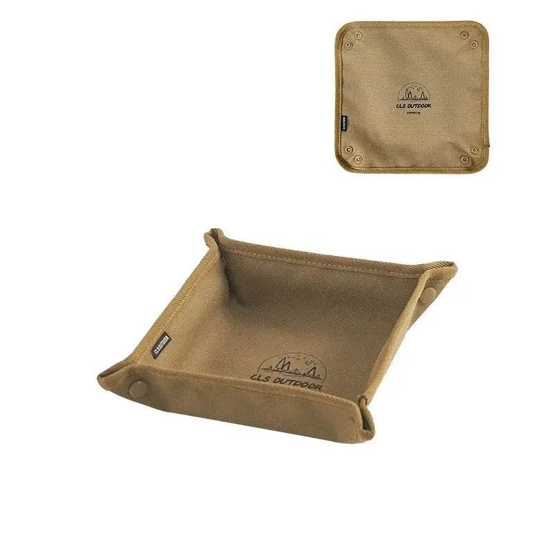 Portable camping organizer tray by Simples Market in tan canvas; compact home and travel storage box