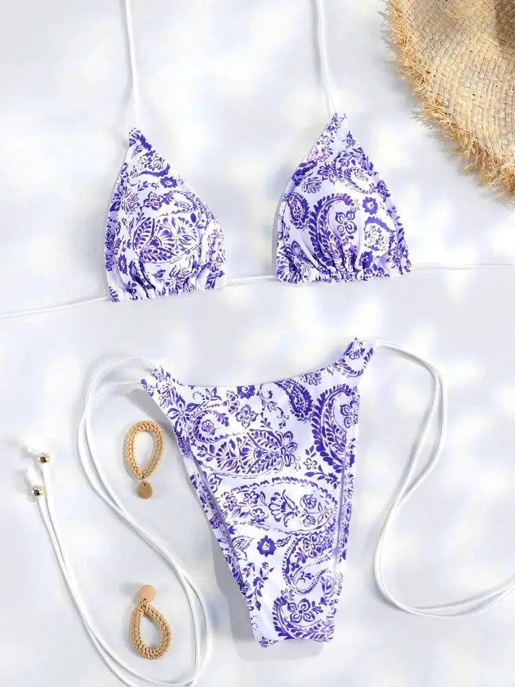 Sexy Triangle Bikini Set For Women Micro Thong Swimsuit Bandage Beachwear With Print Bathing Suit