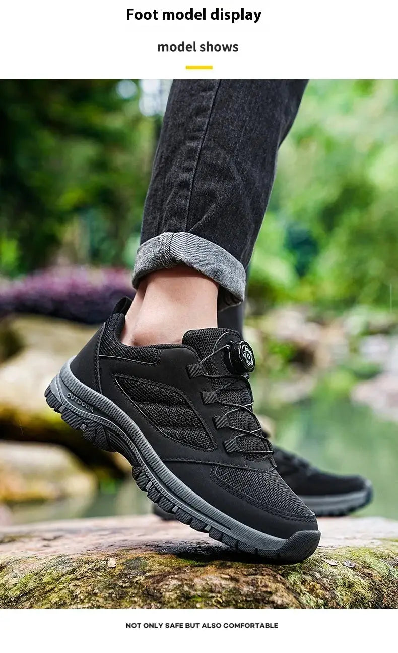 Men's black outdoor hiking shoe with rotating buckle, anti-slip sole, Simples Market, size 39-48