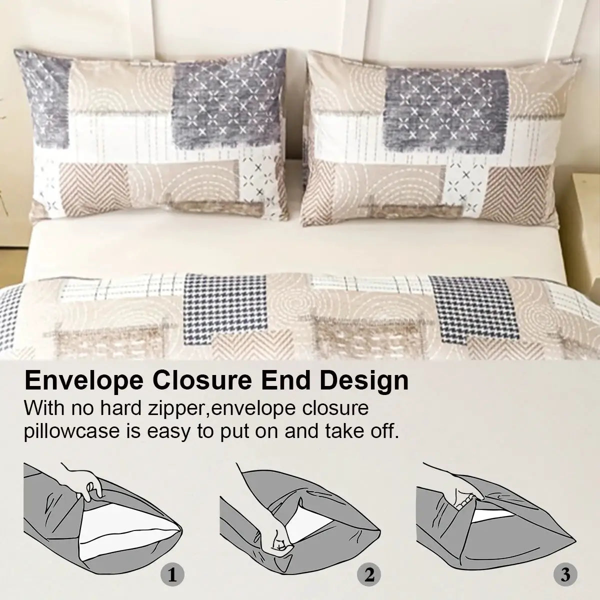 3pc Chic Patchwork Design Print Duvet Cover Set with 2 pillowcases in beige and gray, Simples Market