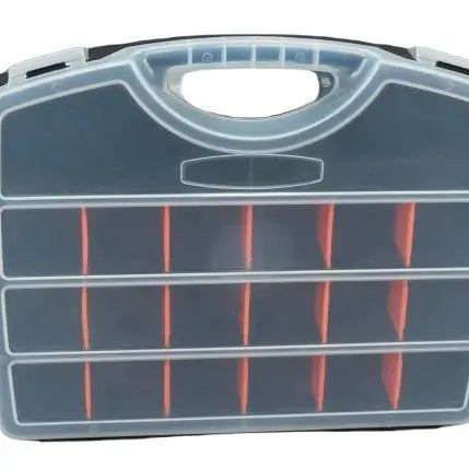 Plastic tool parts storage box with thickened grid compartments and a carrying handle, dark gray