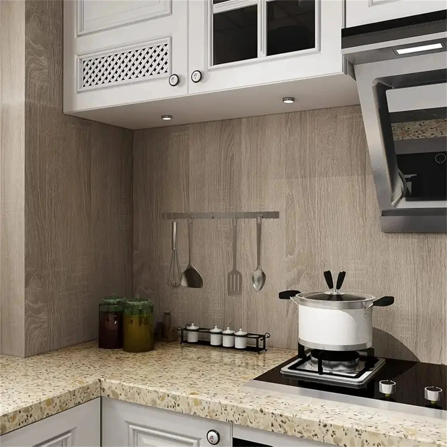 Self-adhesive waterproof wood-grain vinyl wallpaper in beige-gray for kitchens, cabinets and furniture.
