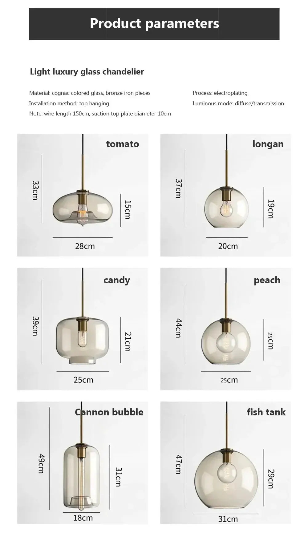 Nordic LED glass chandelier pendant lights set, six shade styles with brass fittings by Simples Market
