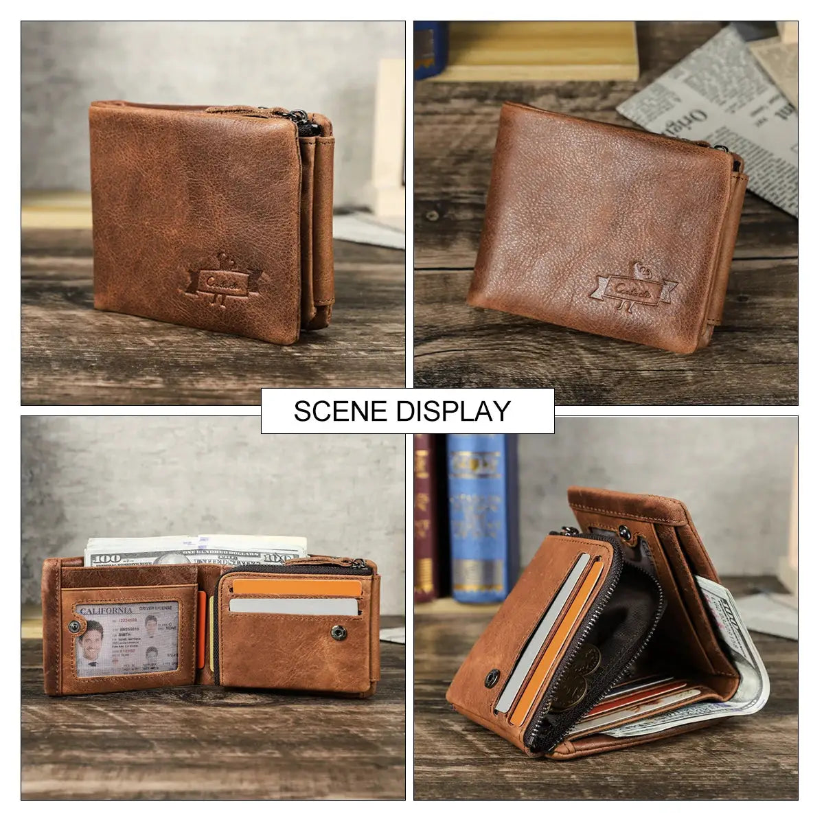 Contact's genuine Crazy Horse leather men's wallet, vintage brown trifold with zip coin pocket, cowhide.