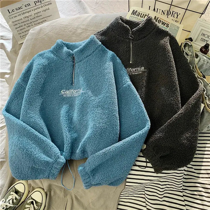 VelvetAura Women Stand Neck Fleece Cropped Hoodie With Letter Embroidery For Elegant Velvet Plush Warmth