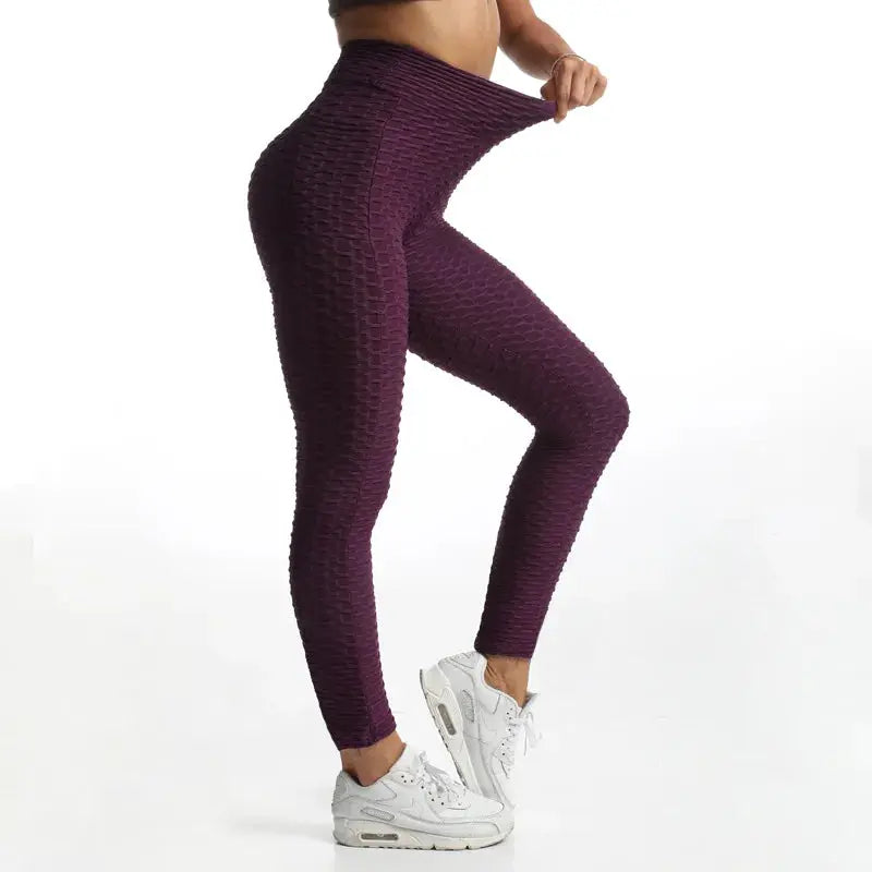 Simples Market women's pocket bubble leggings, high-waisted stretchy purple textured gym pants
